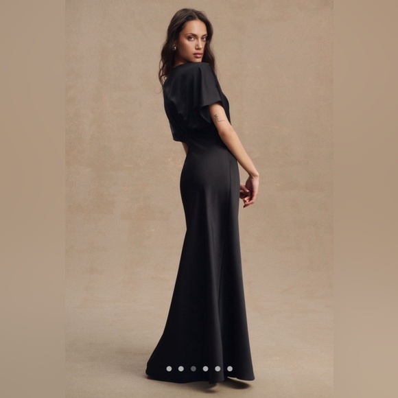 BHLDN Leila Deep-V Flutter-Sleeve Satin Charmeuse A-Line Gown in Black - Picture 3 of 4
